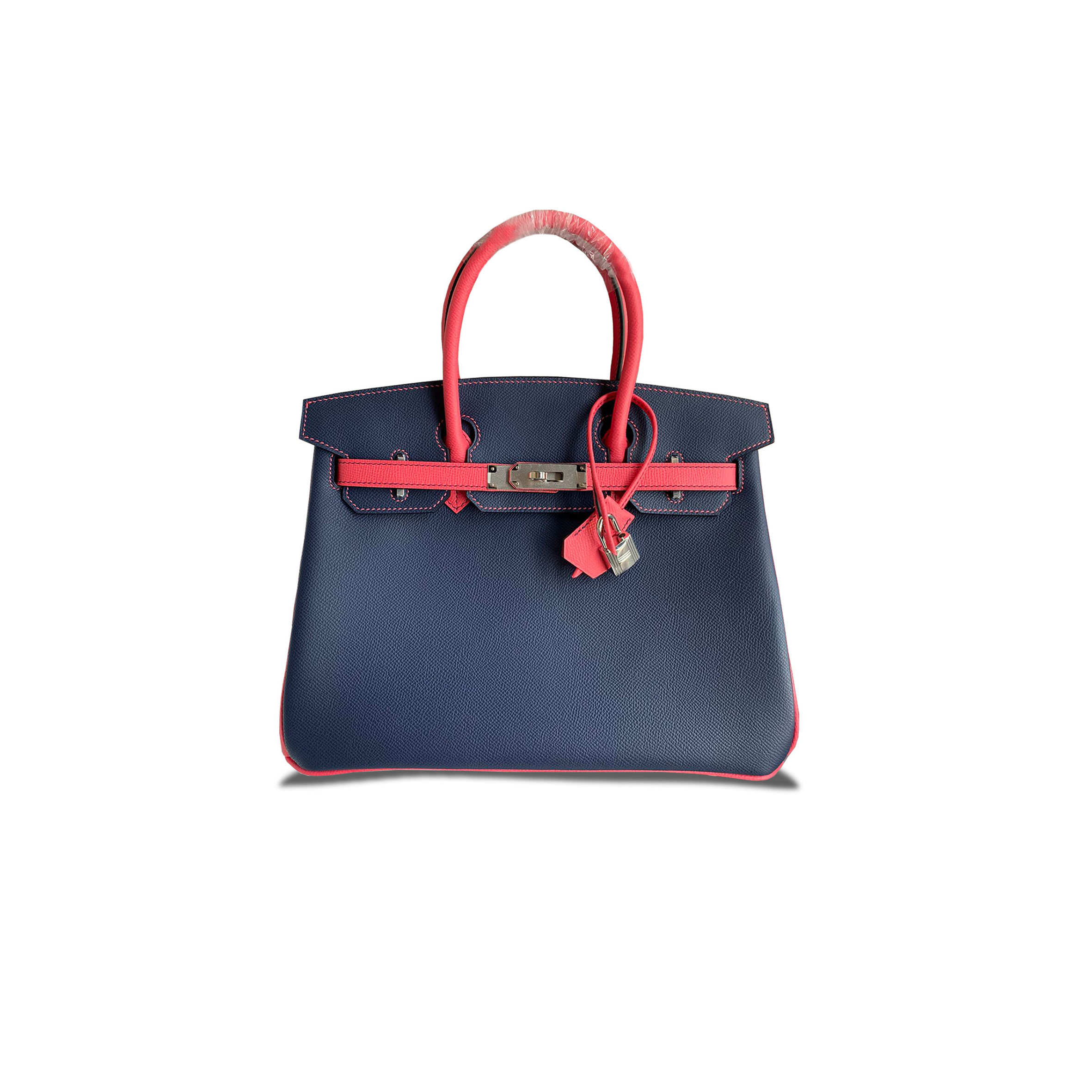 HERMES BIRKIN 30 EPSOM DARK BLUE LIPSTICK PINK SILVER BUCKLE 91314626193 (30*23*15cm)